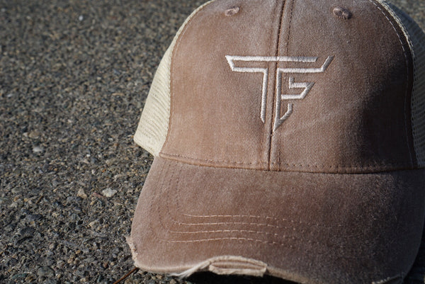 TF Trucker Hat- Washed Almond Brown Distressed